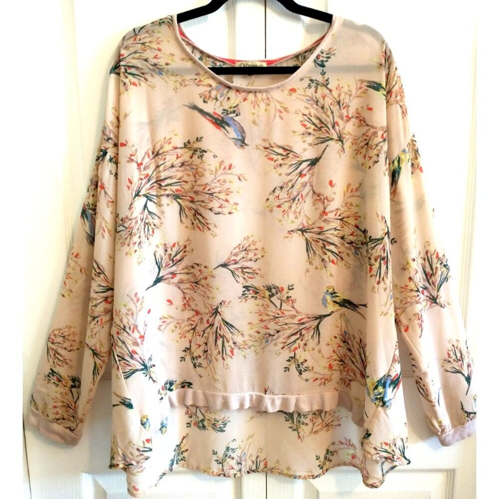 Democracy Women's Blouse Sheer Floral Bird Print Drop Shoulder Relaxed Top - 2X